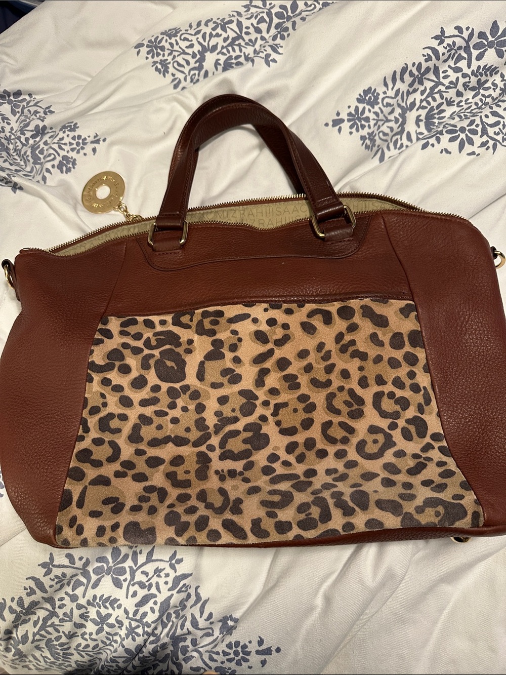 Isaac Mizrahi Brown Leopard Print Leather Satchel minor defects